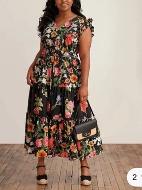 Anne Klein black floral cotton maxi dress ruffle sleeves sunflower hydrangeas S
